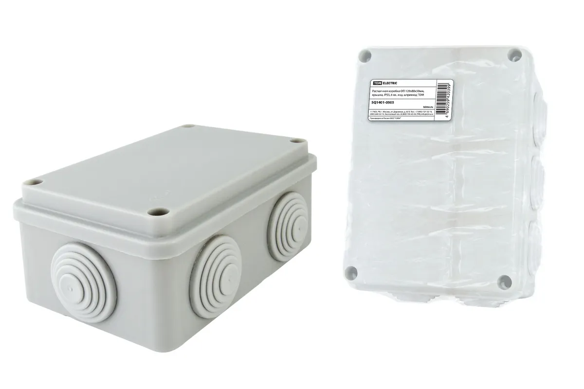 Распаячная коробка ОП 120х80х50мм, крышка, IP55, 6 вх. инд. штрихкод TDM SQ1401-0505