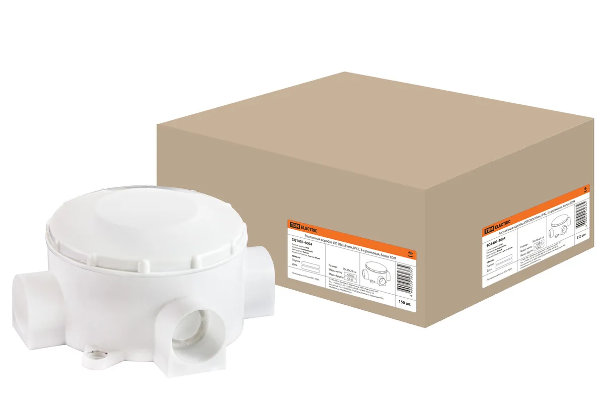 Распаячная коробка ОП D80х35мм, IP42, 3-х рожковая, белая TDM SQ1401-4004