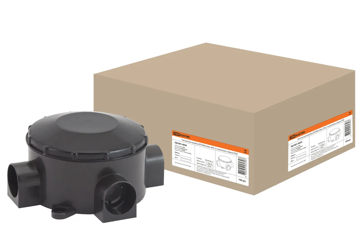 Распаячная коробка ОП D80х35мм, IP42, 3-х рожковая, черная TDM SQ1401-4044