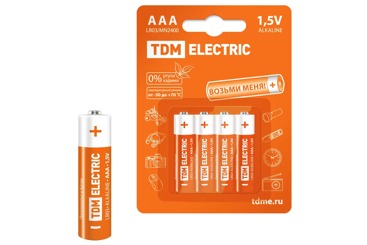 Элементы питания LR03 AAA Alkaline 1,5V BP-4 TDM SQ1702-0006