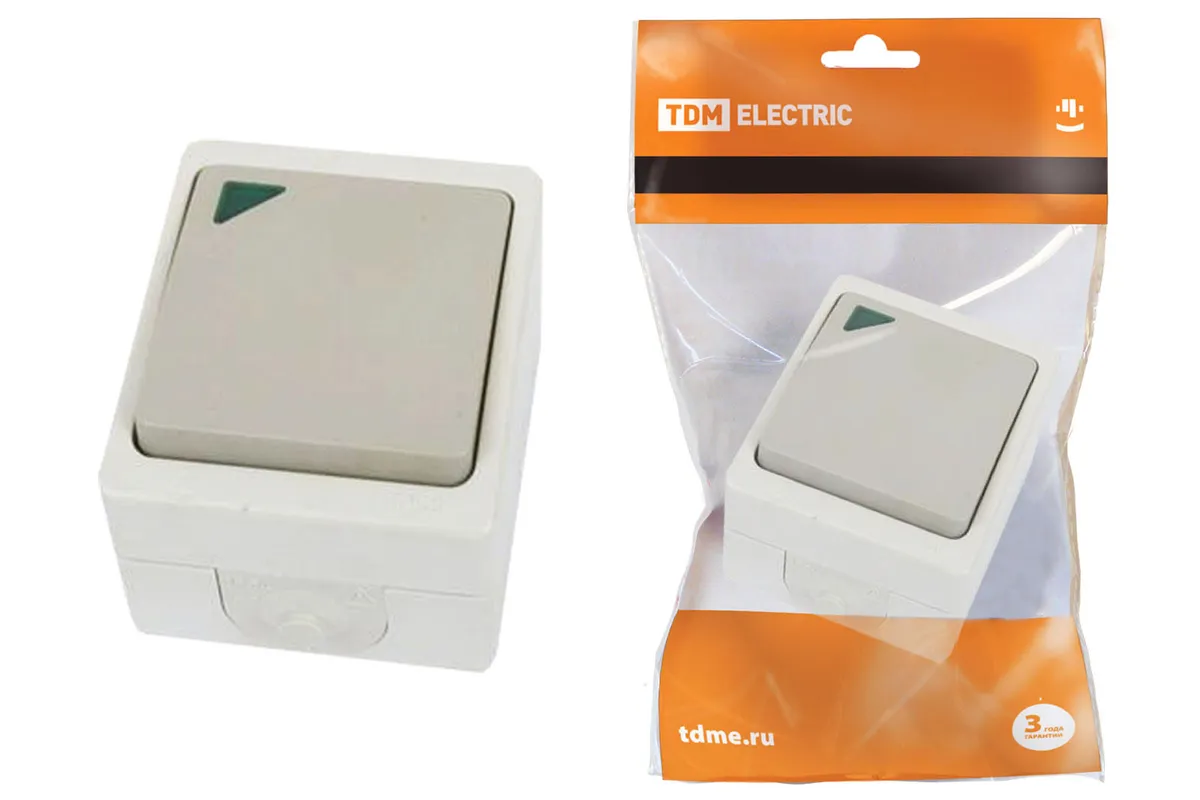 Выключатель 1-кл. с подсветкой открытой установки IP54 10А серый "Вуокса" TDM SQ1803-0004