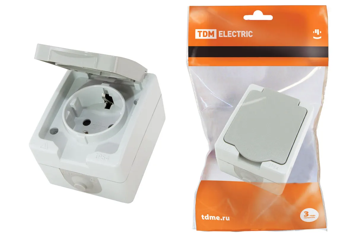 Розетка 2П+З открытой установки IP54 16А серая "Вуокса" TDM SQ1803-0007