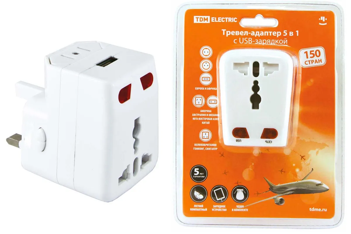 Тревел-адаптер 100-250В 3A (5 в 1) c USB-зарядкой 1000мА белый TDM SQ1806-0044