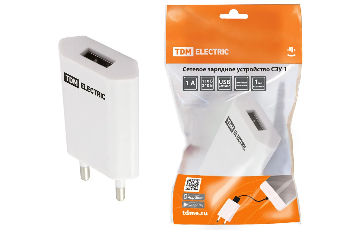 Сетевое зарядное устройство, СЗУ 1, 1 А, 1 USB, белый, TDM SQ1810-0001