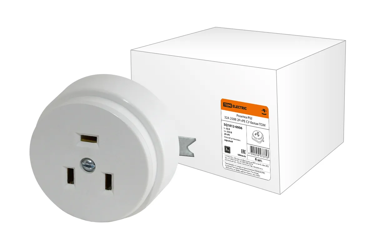Розетка РШ 32А 250В 2Р+РЕ СУ белая TDM SQ1812-0006
