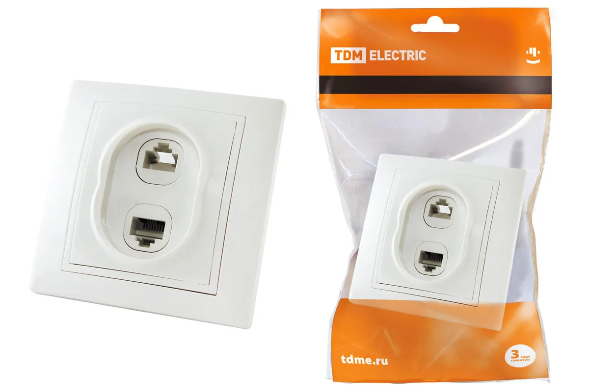 Розетка телефонная RJ11 + компьютерная RJ45 белая "Таймыр" TDM SQ1814-0023