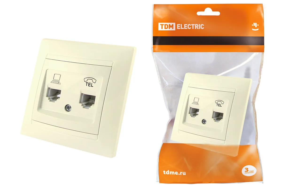 Розетка телефонная RJ11 + компьютерная RJ45 сл. кость "Лама" TDM SQ1815-0119