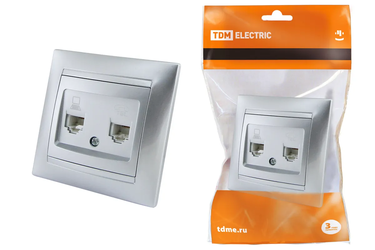 Розетка телефонная RJ11 + компьютерная RJ45 серебр. металлик "Лама" TDM SQ1815-0219