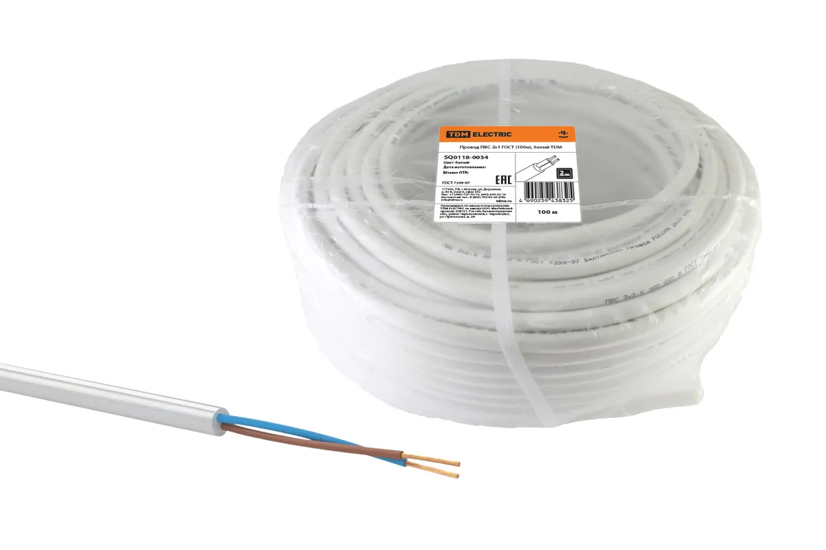 Провод ПВС 2х1 ГОСТ (100м), белый TDM SQ0118-0034