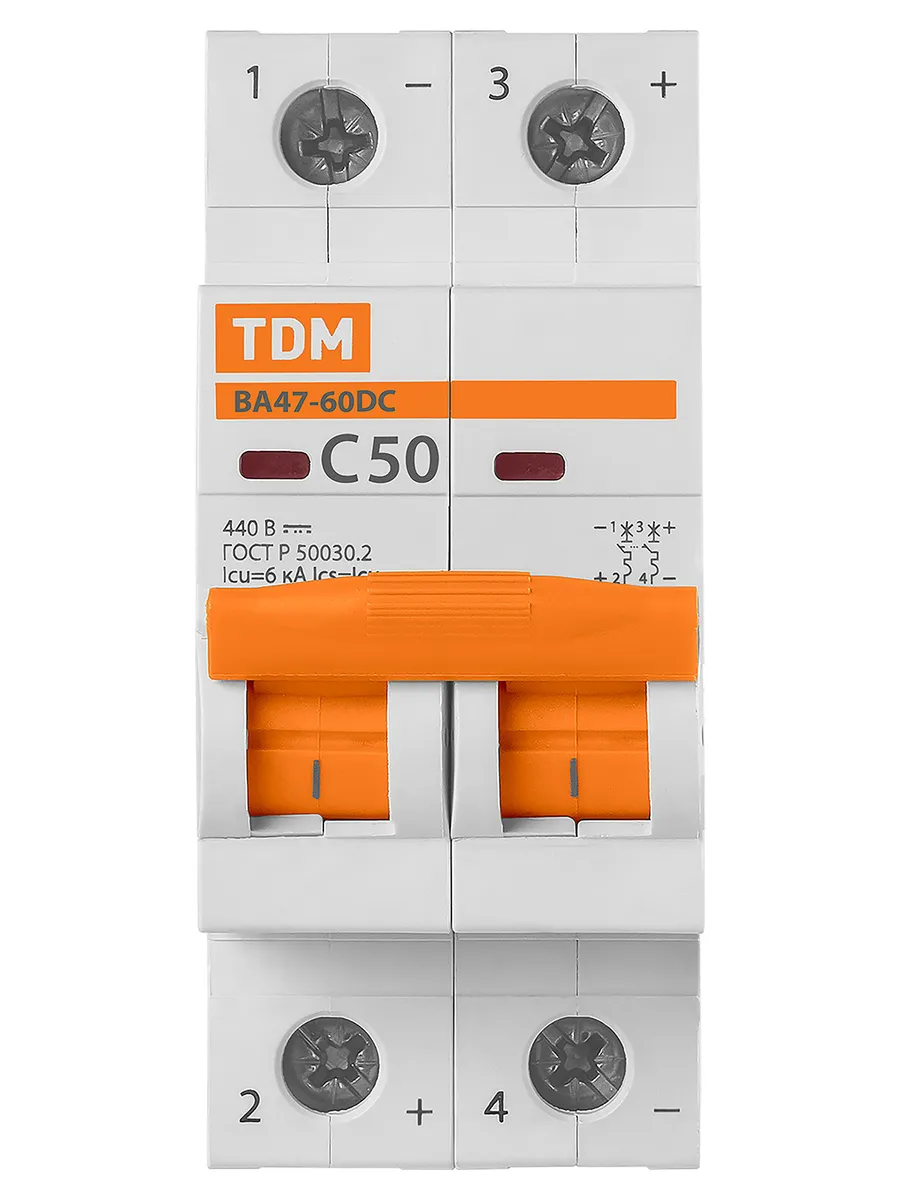 Автоматический выключатель ВА47-60DC 2P 50А 6кА х-ка С 440В пост. тока TDM SQ0223-1033