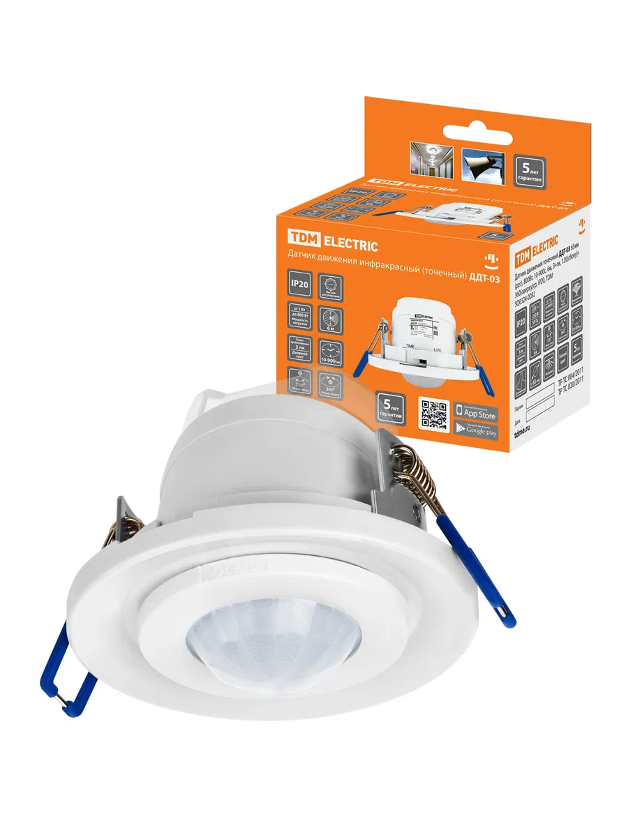 Point motion sensor DDT-03 65mm (adjustable), 800W, 10-900s, 6m, 3+lx, 120(side)+360(top) deg, IP20, TDM SQ0324-0032