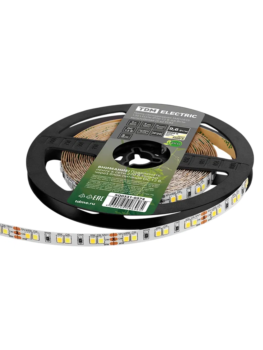 Лента светодиодная SMD2835-120 LED/м-IP20-12 В-9,6 Вт/м- мультибелая (5 м) TDM SQ0331-0374