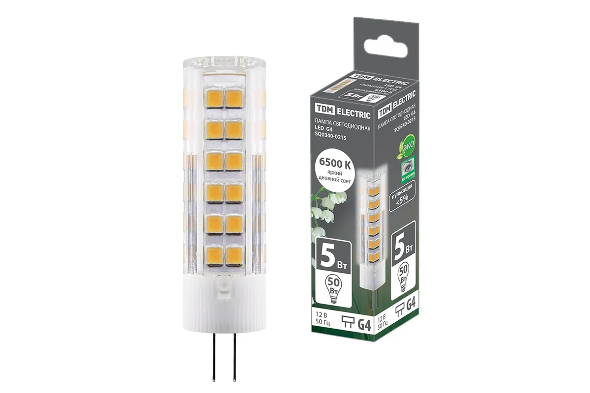 Лампа светодиодная G4-5 Вт-AC/DC 12 В-6500 К, SMD, 16x57 мм TDM SQ0340-0215