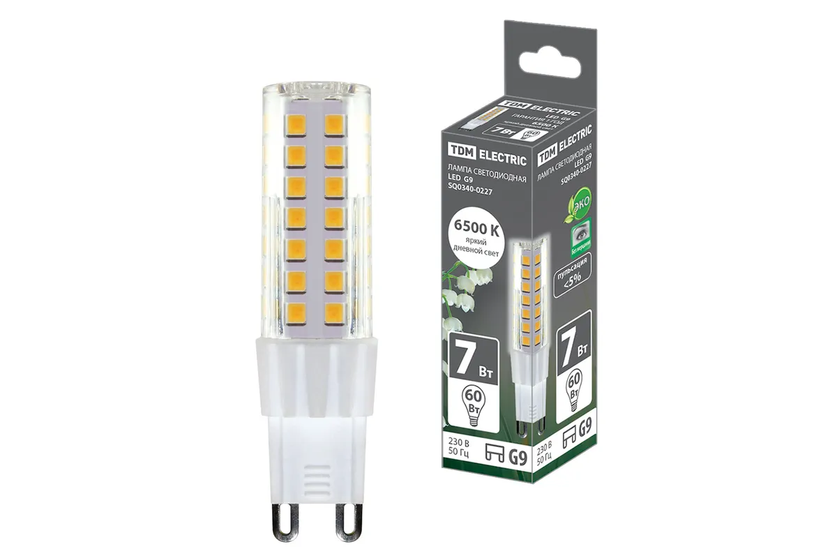Лампа светодиодная G9-7 Вт-230 В-6500 К, SMD, 17,5x65,5 мм TDM SQ0340-0227