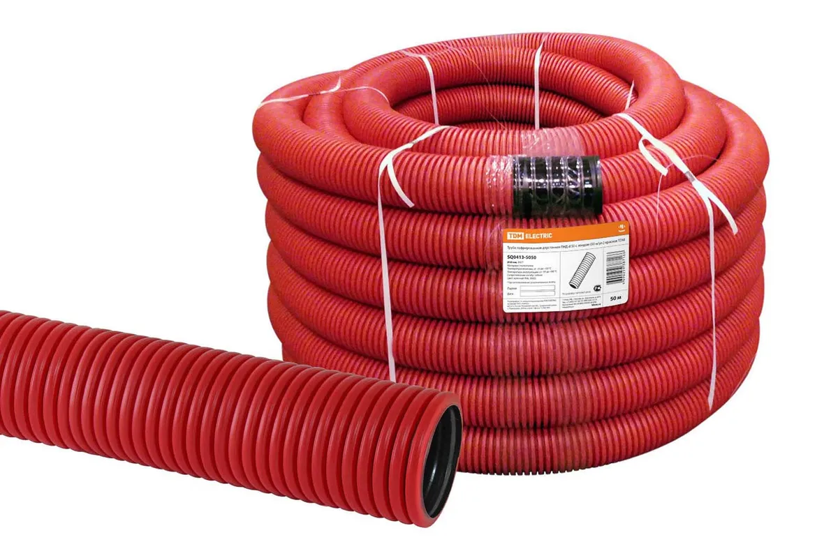Труба гофрированная двустенная ПНД d 50 с зондом (50 м/уп.) красная TDM SQ0413-5050