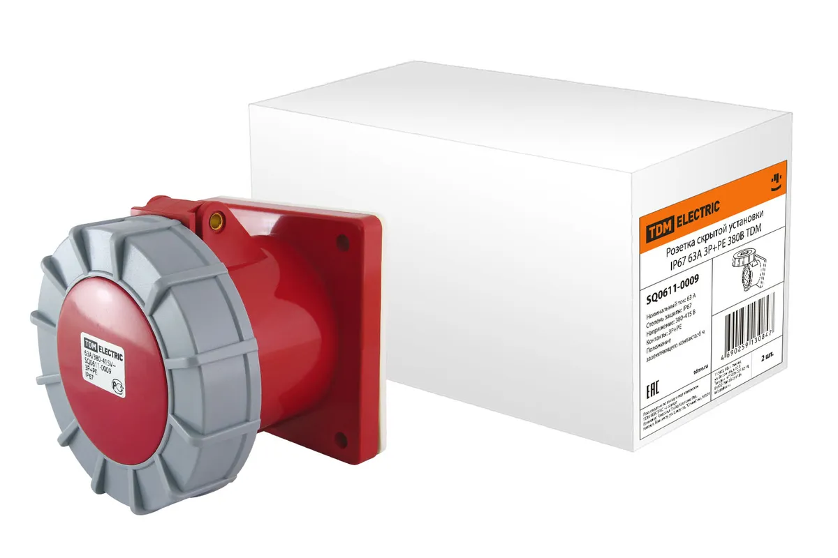 Розетка скрытой установки IP67 63А 3Р+РЕ 380В TDM SQ0611-0009
