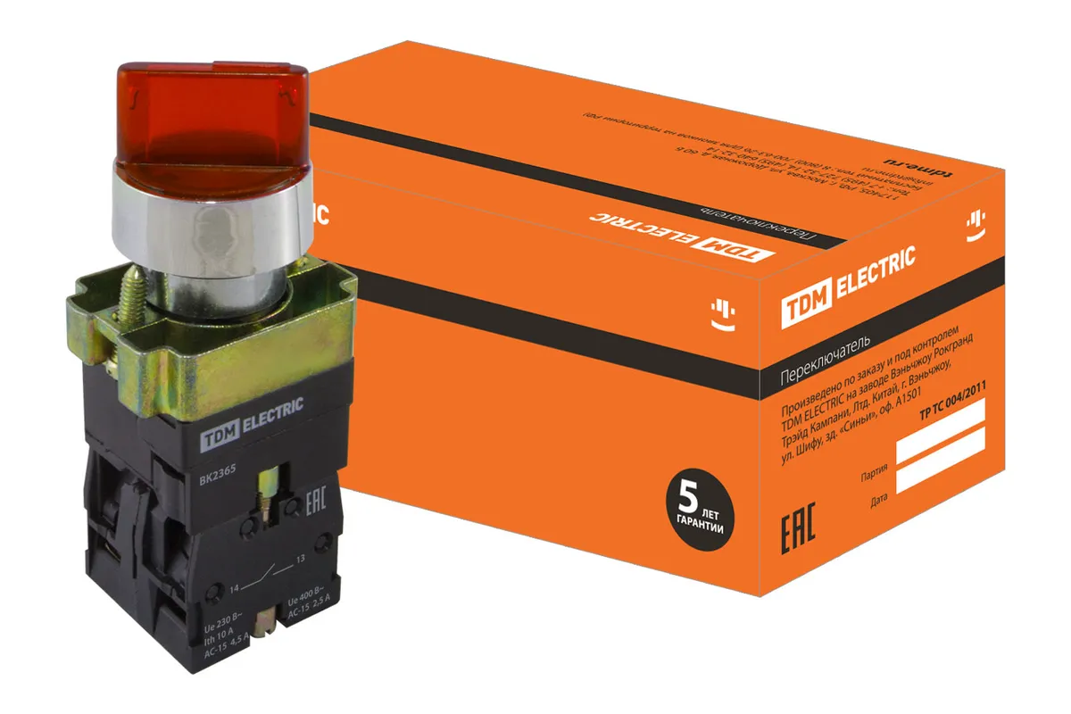 Перекл. 2 полож. SB2-BK2465 с фиксацией, 1НО+1НЗ, d22 мм, 230 В LED, красный, IP40 TDM SQ0703-0015