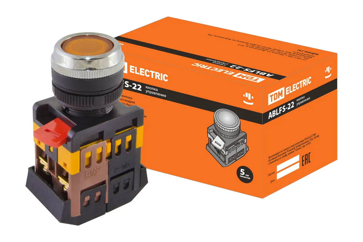 Кнопка ABLFS-22 желтый d22мм неон/230В 1з+1р TDM SQ0704-0010