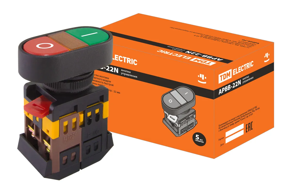 Кнопка APВВ-22N "I-O" d22мм неон/230В 1з+1р TDM SQ0704-0021