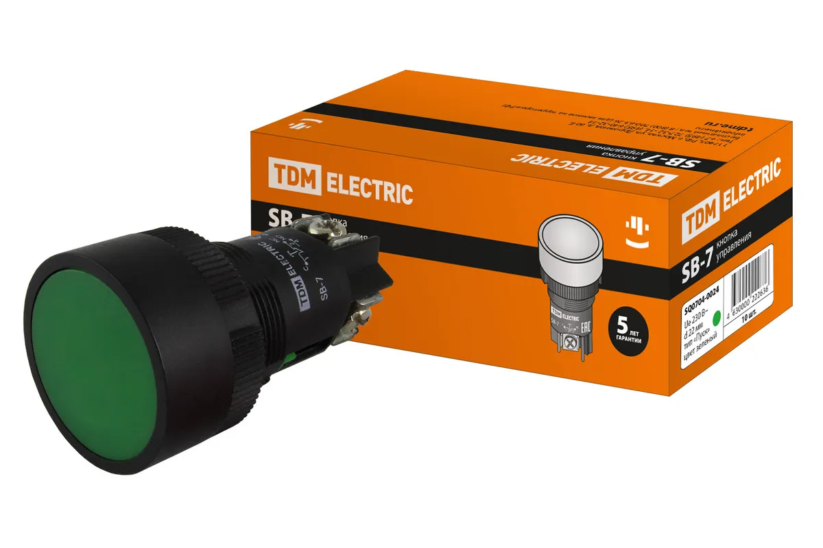 Кнопка SВ-7 "Пуск" с возвратом, 1НО, d22 мм, зеленая, IP40 TDM SQ0704-0024