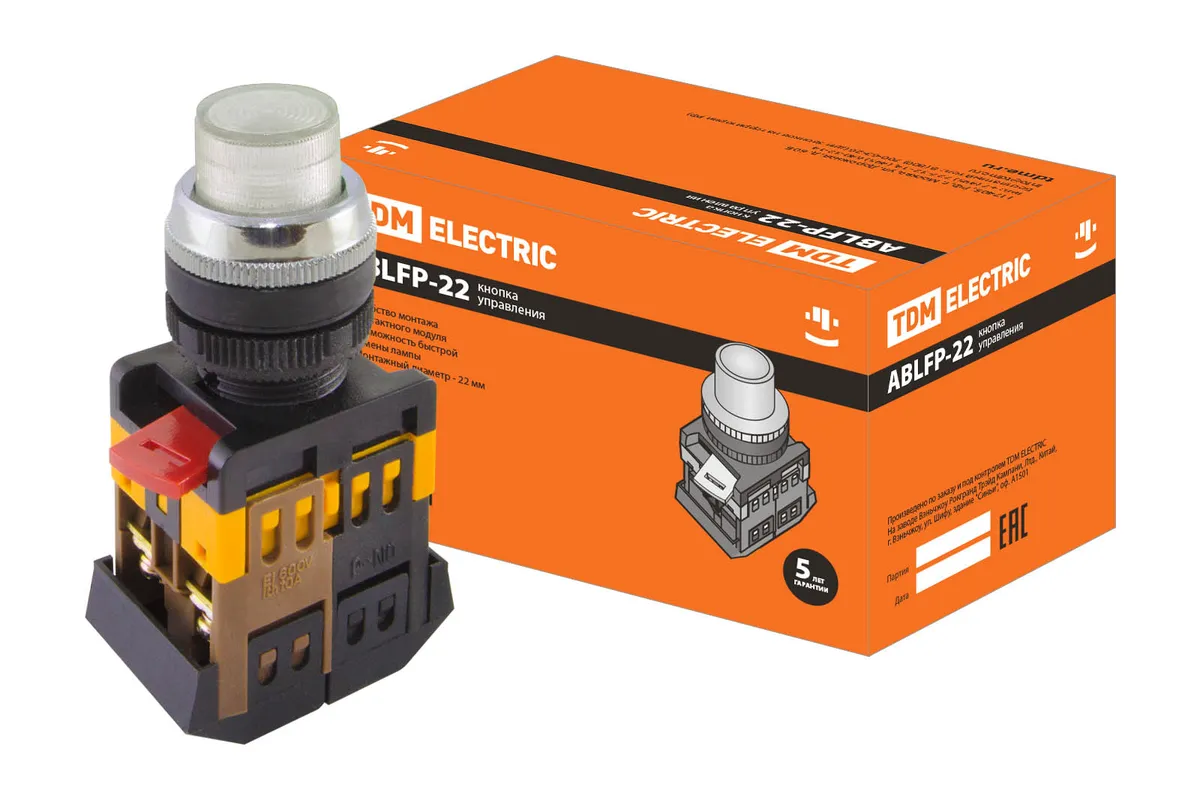 Кнопка ABLFP-22 прозрачн. d22мм неон/230В 1з+1р TDM SQ0704-0032