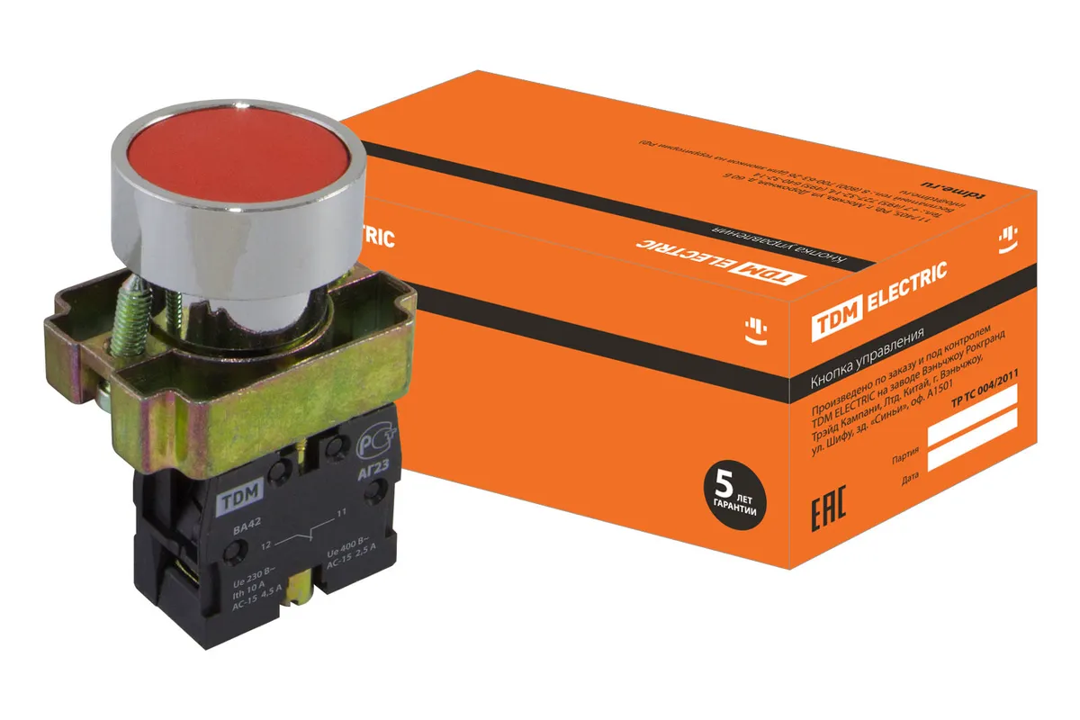Кнопка SB2-BА42 с возвратом, 1НЗ, d22 мм, красная, IP40 TDM SQ0704-0039