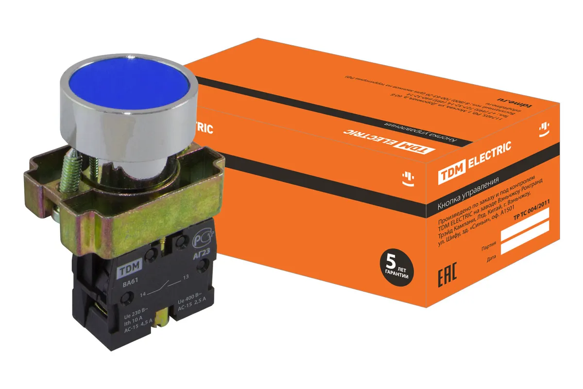 Кнопка SB2-BА61 с возвратом, 1НО, d22 мм, синяя, IP40 TDM SQ0704-0041