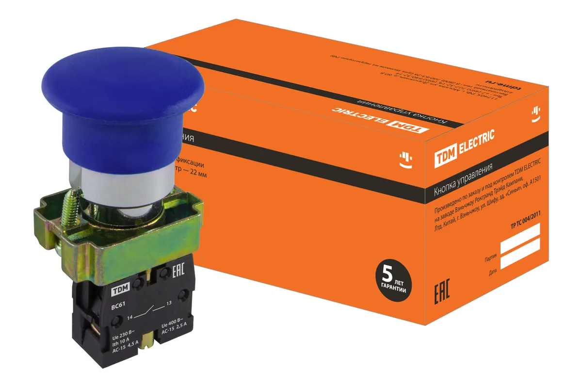 Кнопка грибовидная SB2-BС61 с возвратом, 1НО, d22 мм, синяя, IP40 TDM SQ0704-0046