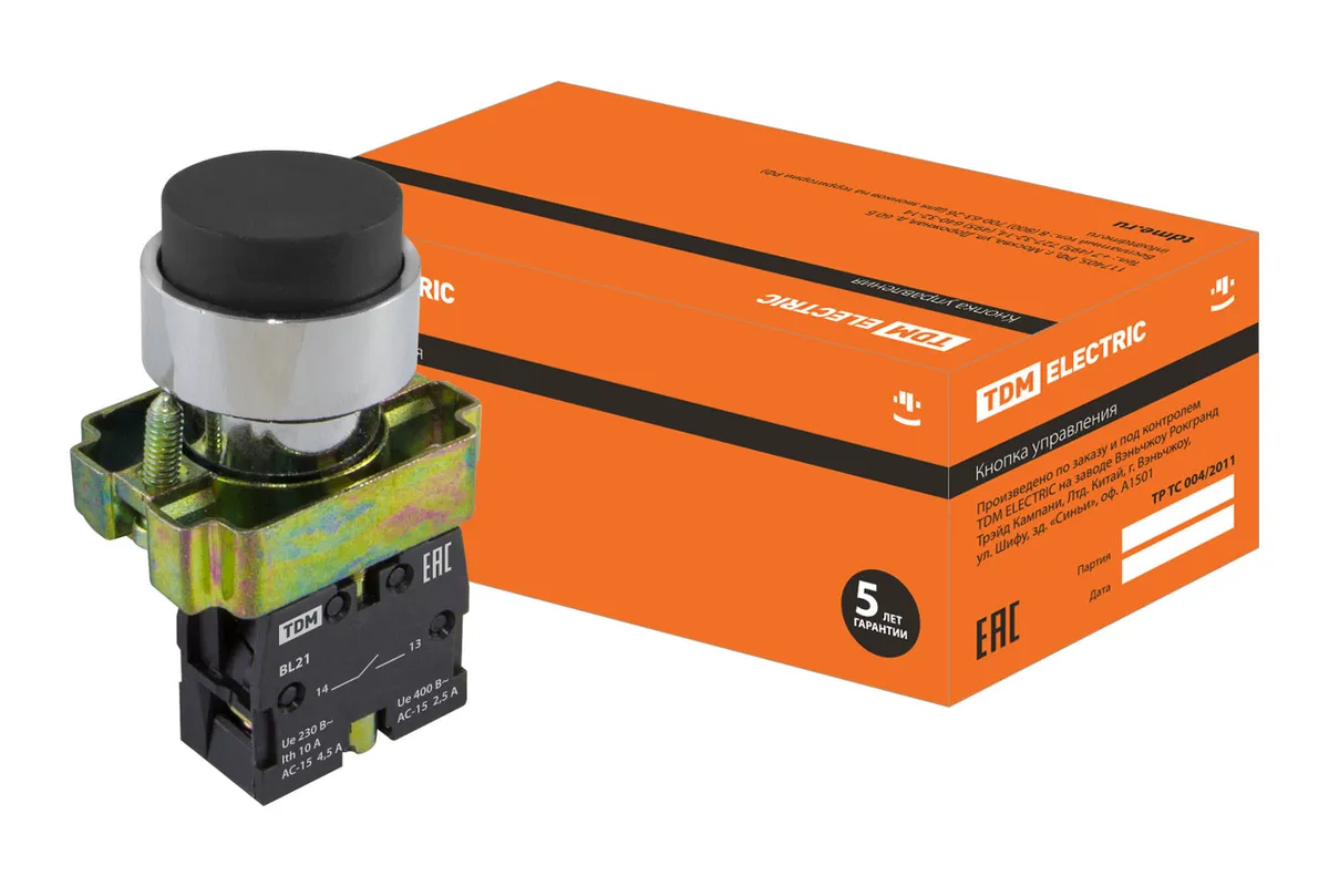 Кнопка SB2-BL21 с возвратом, 1НО, d22 мм, черная, IP40 TDM SQ0704-0047