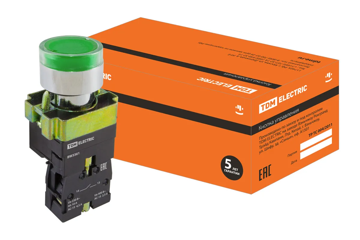 Кнопка SB2-BW3361 с возвратом, 1НО, d22 мм, 230 В LED, зеленая, IP40 TDM SQ0704-0054