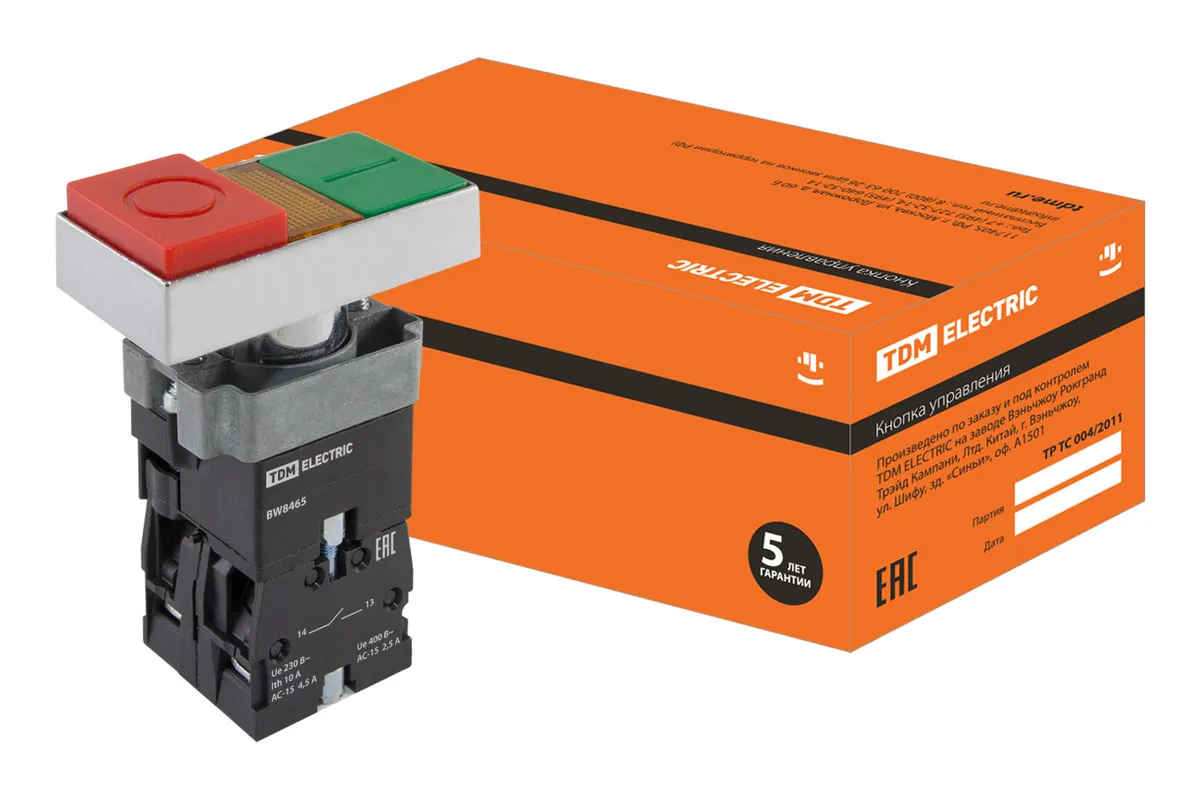 Кнопка сдвоенная SB2-BW8465 с возвратом, 1НО+1НЗ, d22 мм, 230 В LED, зеленая/красная, IP40 TDM SQ0704-0057