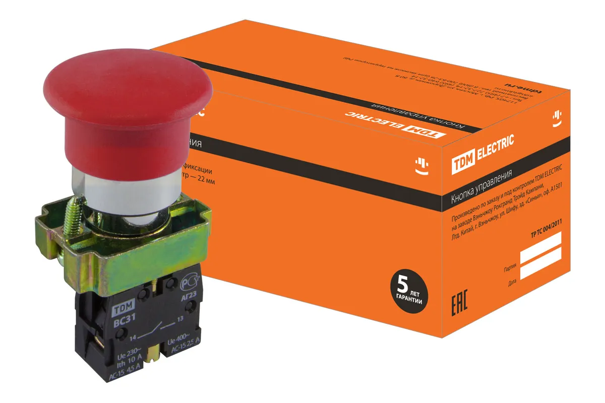 Кнопка грибовидная SB2-BС42 с возвратом, 1НЗ, d22 мм, красная, IP40 TDM SQ0704-0059