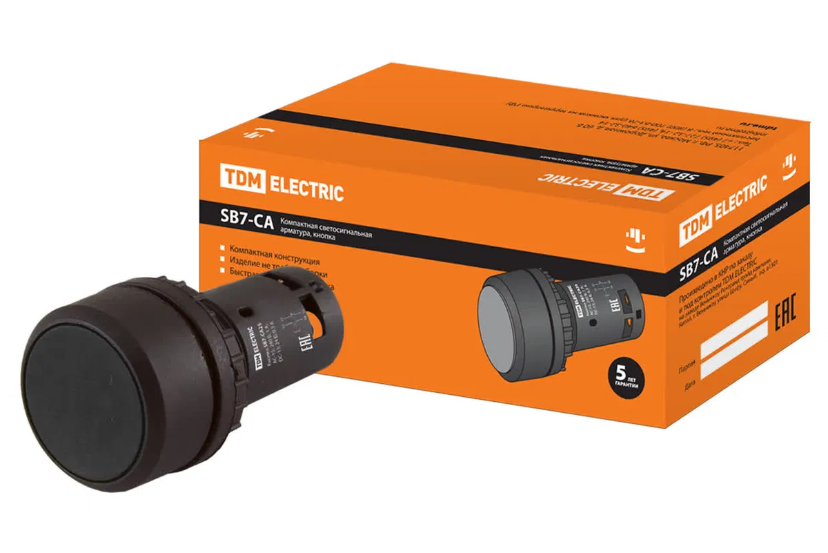 Кнопка SB7-CA25 с возвратом, 1НО+1НЗ, d22 мм, черная, IP54 TDM SQ0746-0010