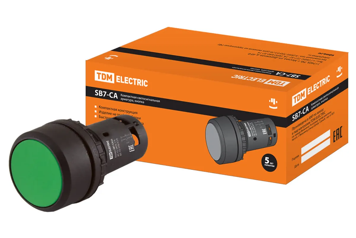 Кнопка SB7-CA35 с возвратом, 1НО+1НЗ, d22 мм, зеленая, IP54 TDM SQ0746-0011