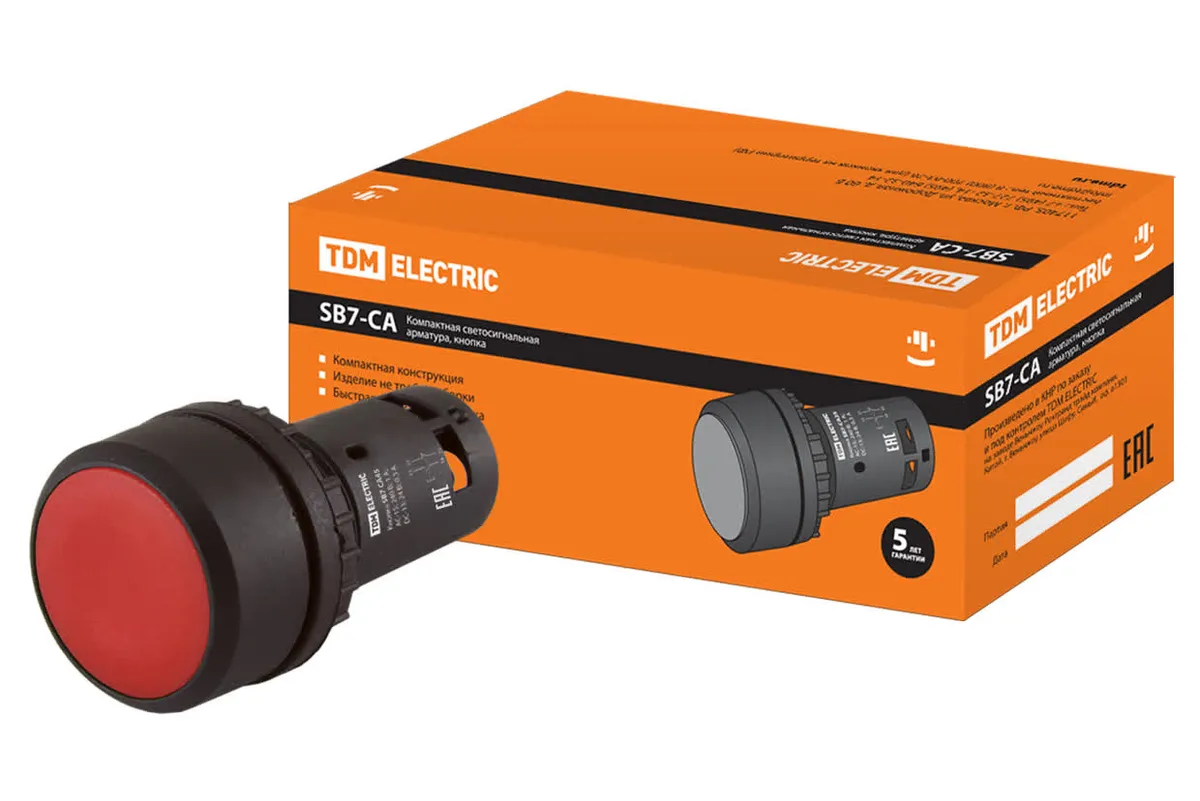 Кнопка SB7-CA45 с возвратом, 1НО+1НЗ, d22 мм, красная, IP54 TDM SQ0746-0012