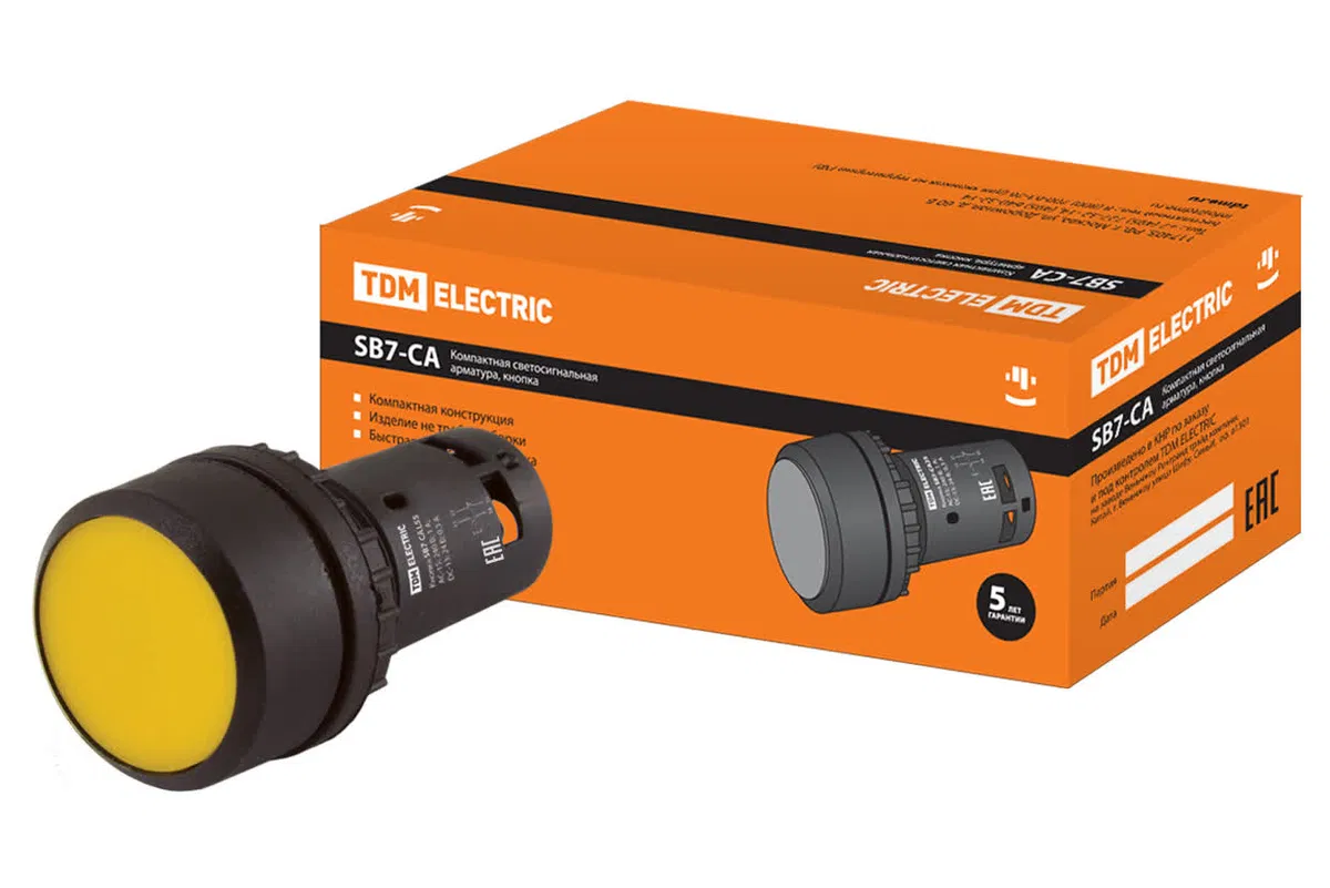 Кнопка SB7-CAL55 с фиксацией, 1НО+1НЗ, d22 мм, желтая, IP54 TDM SQ0746-0016