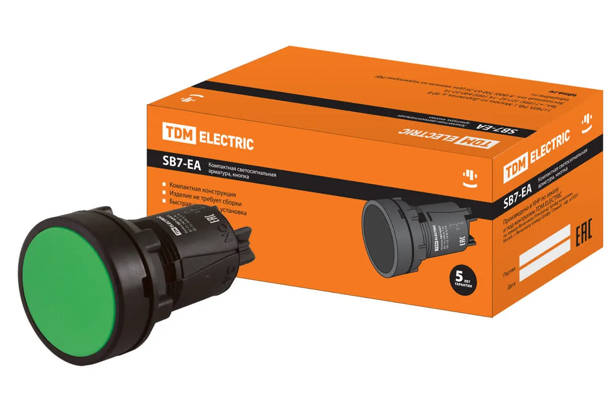 Кнопка SB7-EA31 с возвратом, 1НО, d22 мм, зеленая, IP40 TDM SQ0746-0018