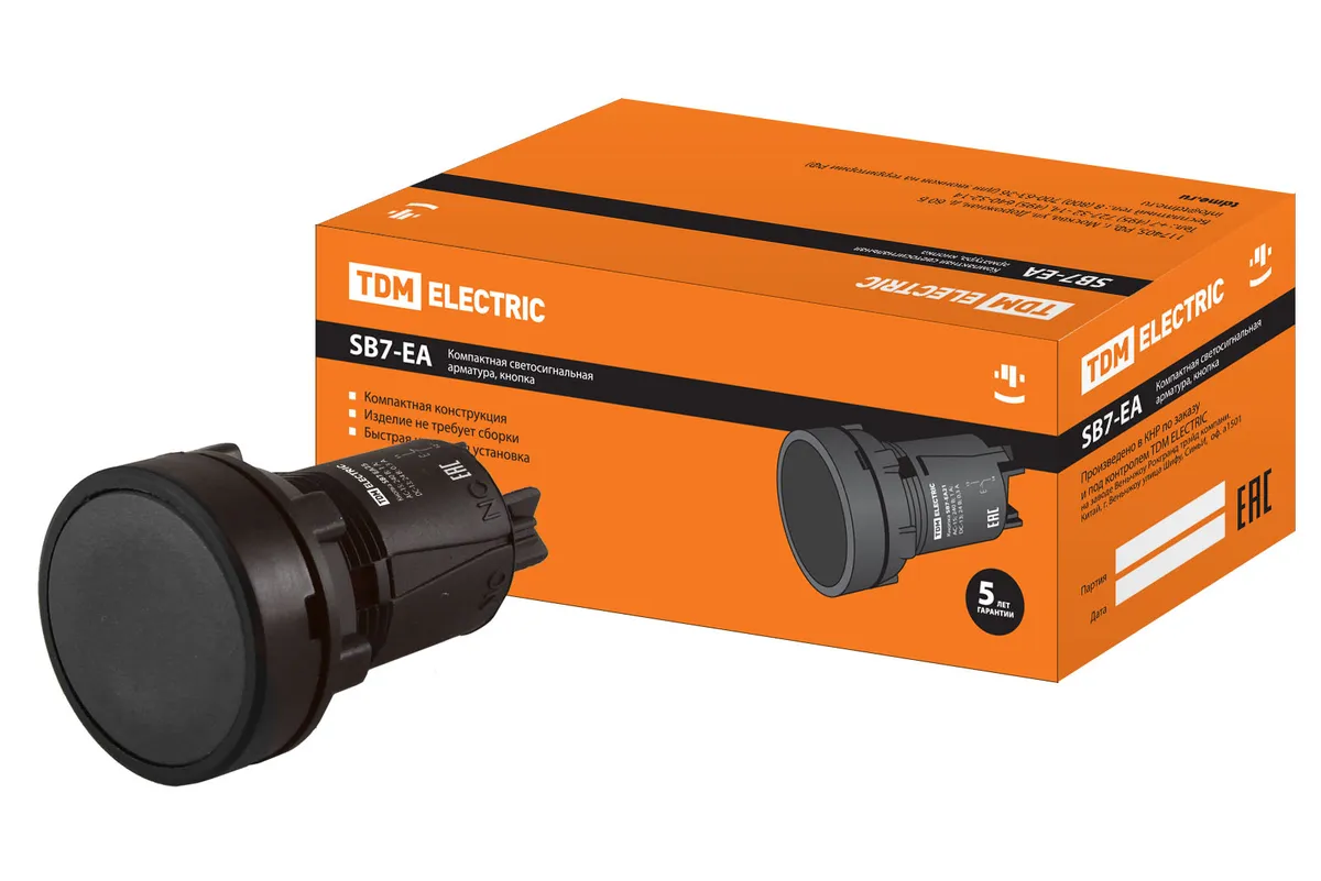 Кнопка SB7-EA25 с фиксацией, 1НО+1НЗ, d22 мм, черная, IP40 TDM SQ0746-0020