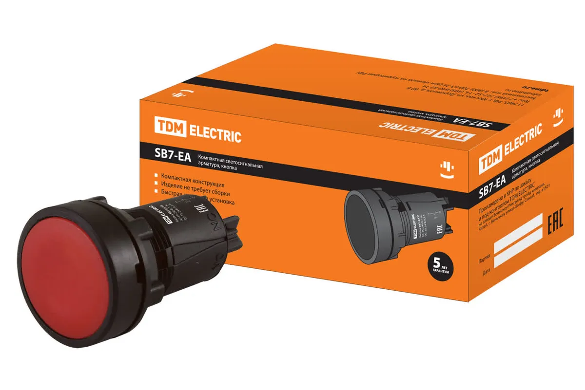 Кнопка SB7-EA45 с возвратом, 1НО+1НЗ, d22 мм, красная, IP40 TDM SQ0746-0022