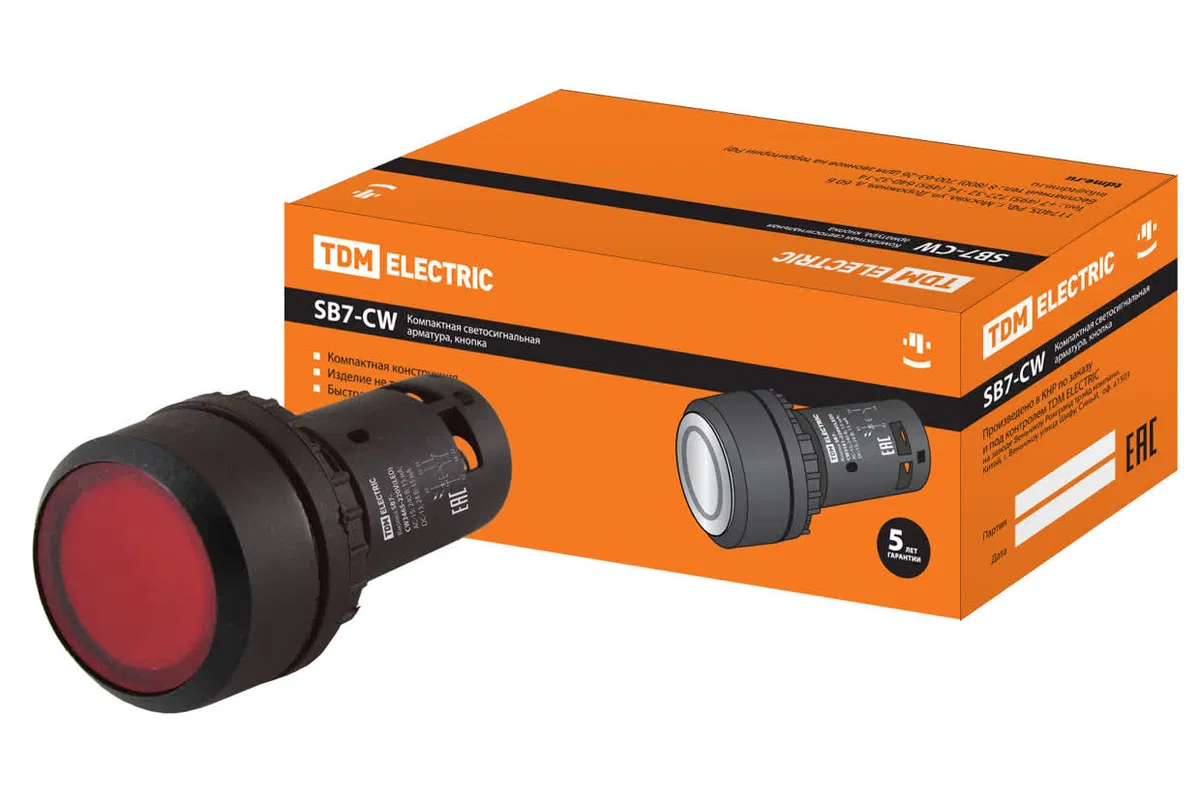 Кнопка SB7-CW3462 с возвратом, 1НЗ, d22 мм, с подсветкой 220 В LED, красная, IP54 TDM SQ0746-0027