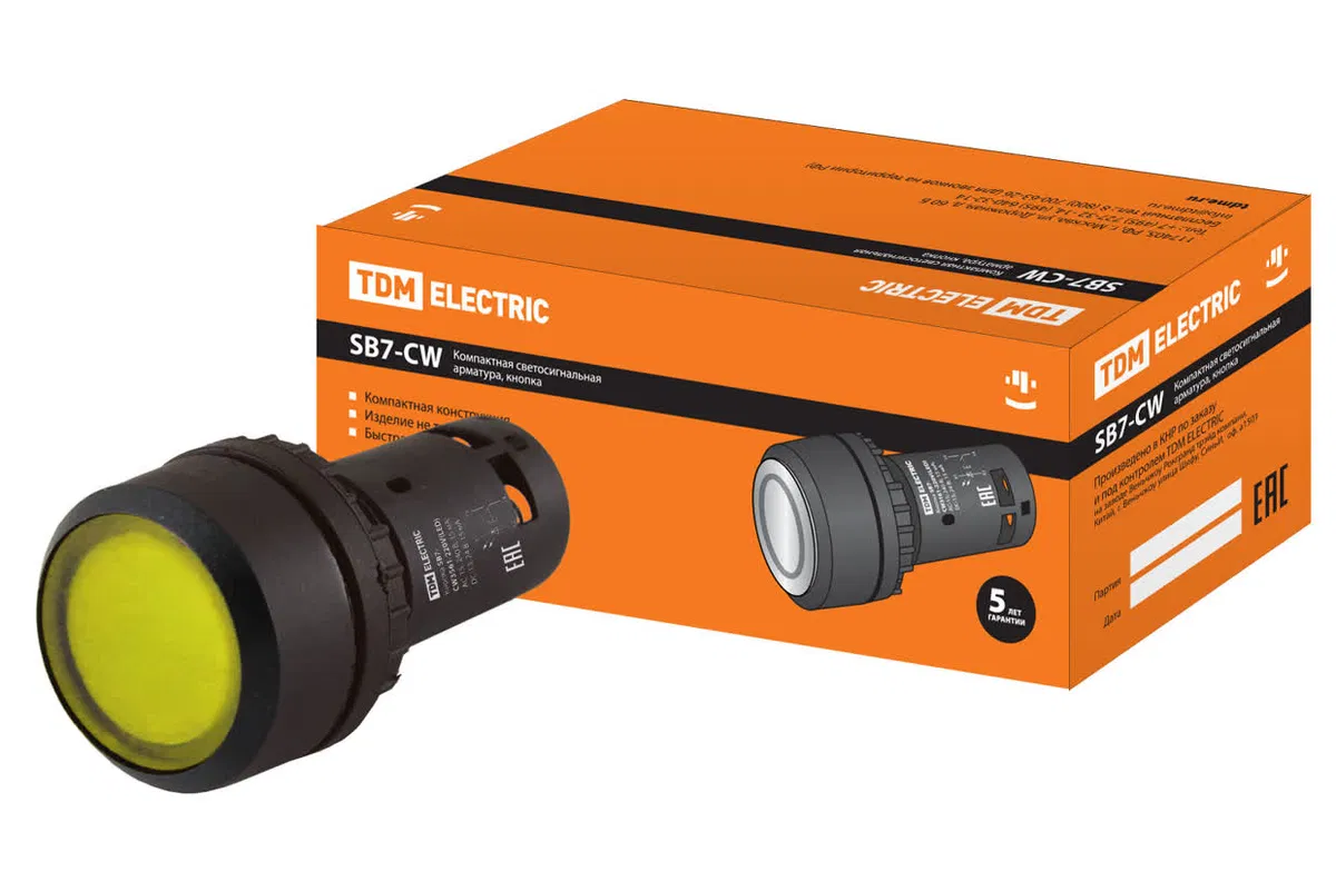 Кнопка SB7-CW3561 с возвратом, 1НО, d22 мм, с подсветкой 220 В LED, желтая, IP54 TDM SQ0746-0029