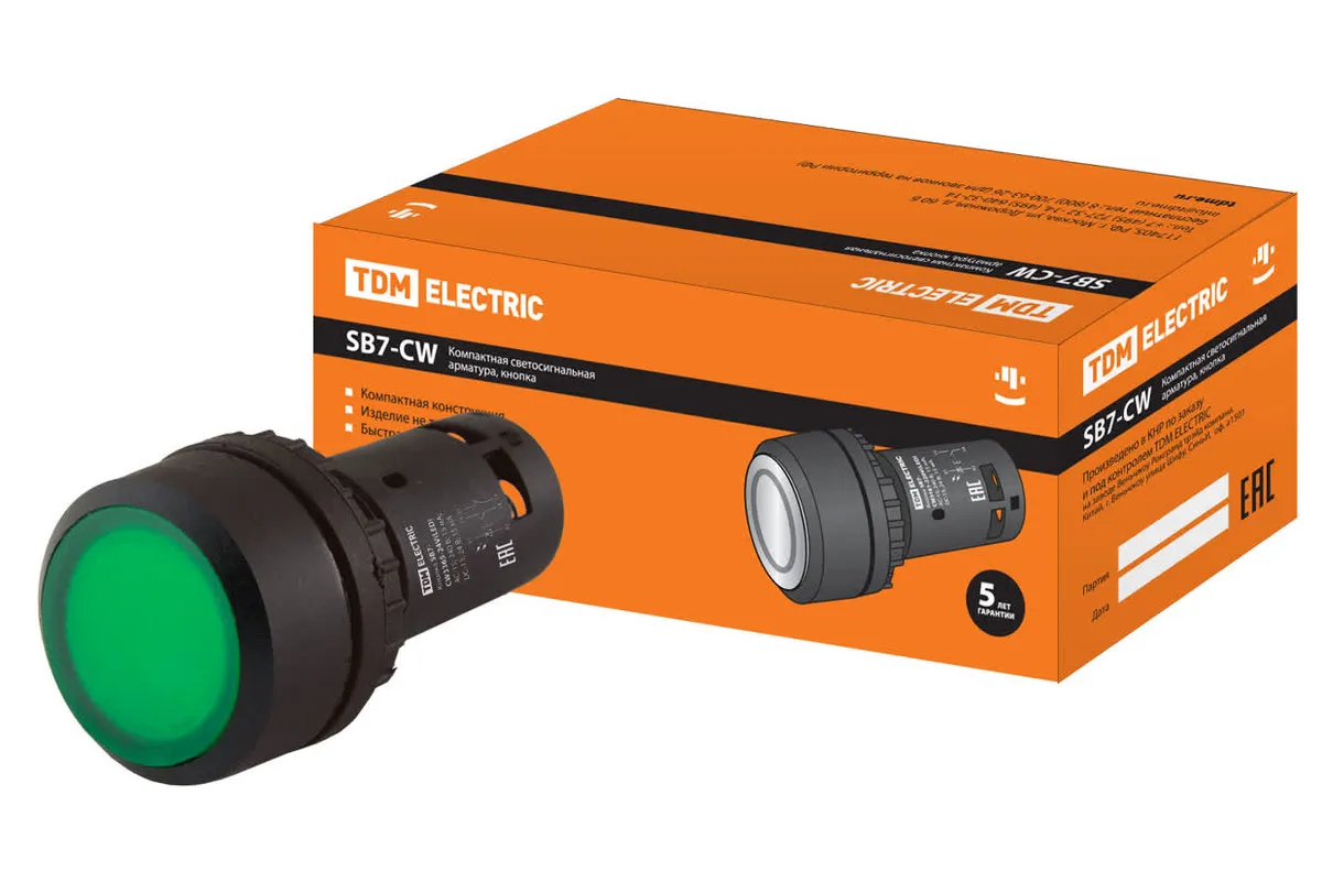 Кнопка SB7-CW3365 с возвратом, 1НО+1НЗ, d22 мм, с подсветкой 24 В LED, зеленая, IP54 TDM SQ0746-0034