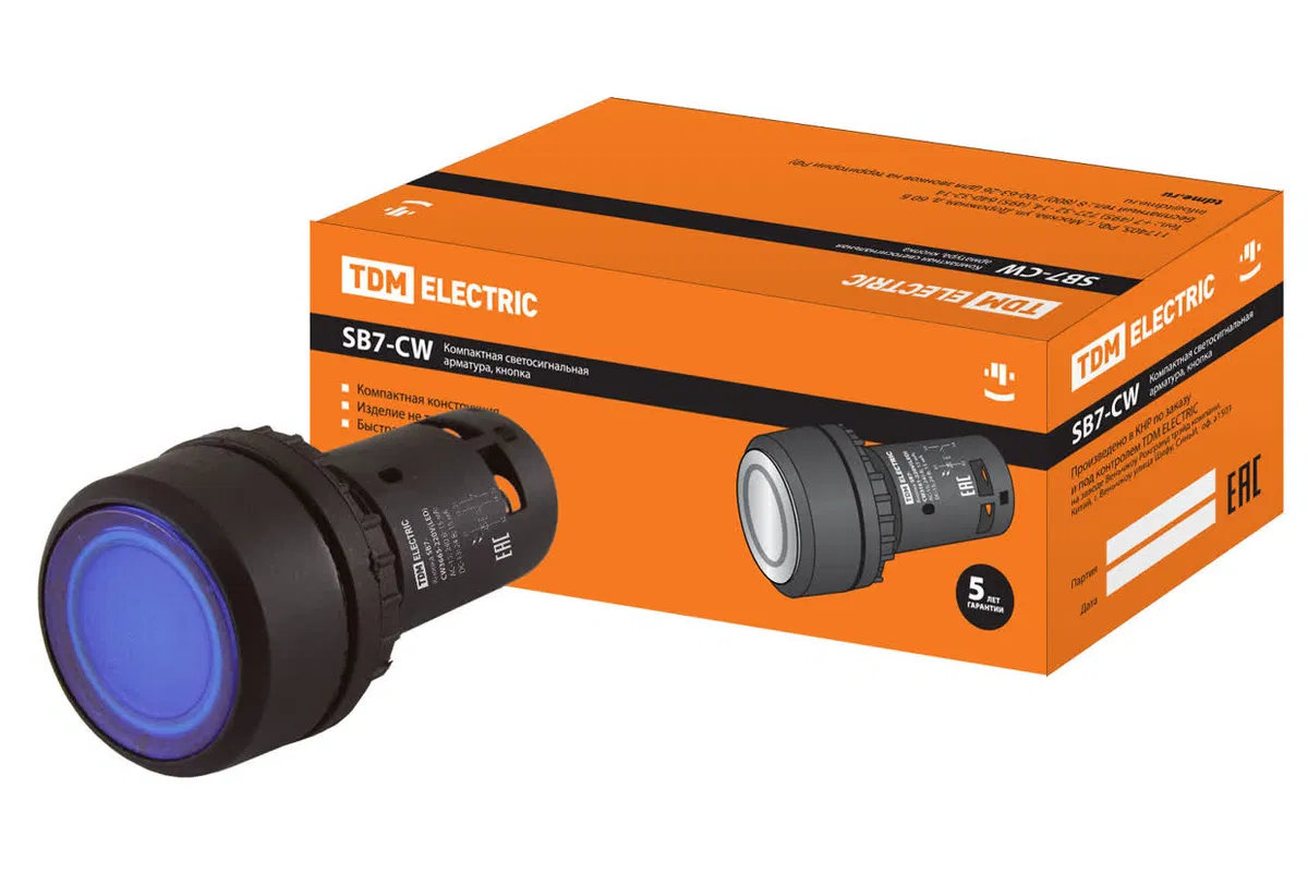 Кнопка SB7-CW3665 с возвратом, 1НО+1НЗ, d22 мм, с подсветкой 220 В LED, синяя, IP54 TDM SQ0746-0039