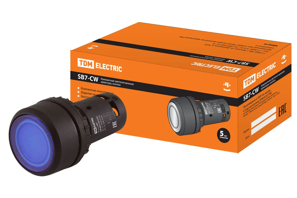 Кнопка SB7-CW3665 с возвратом, 1НО+1НЗ, d22 мм, 24 В LED, синяя, IP54 TDM SQ0746-0040