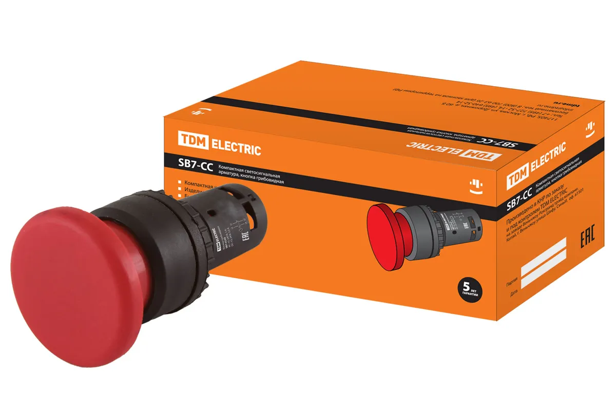 Кнопка грибовидная SB7-CC45 с возвратом, 1НО+1НЗ, d35 мм, красная, IP40 TDM SQ0746-0047