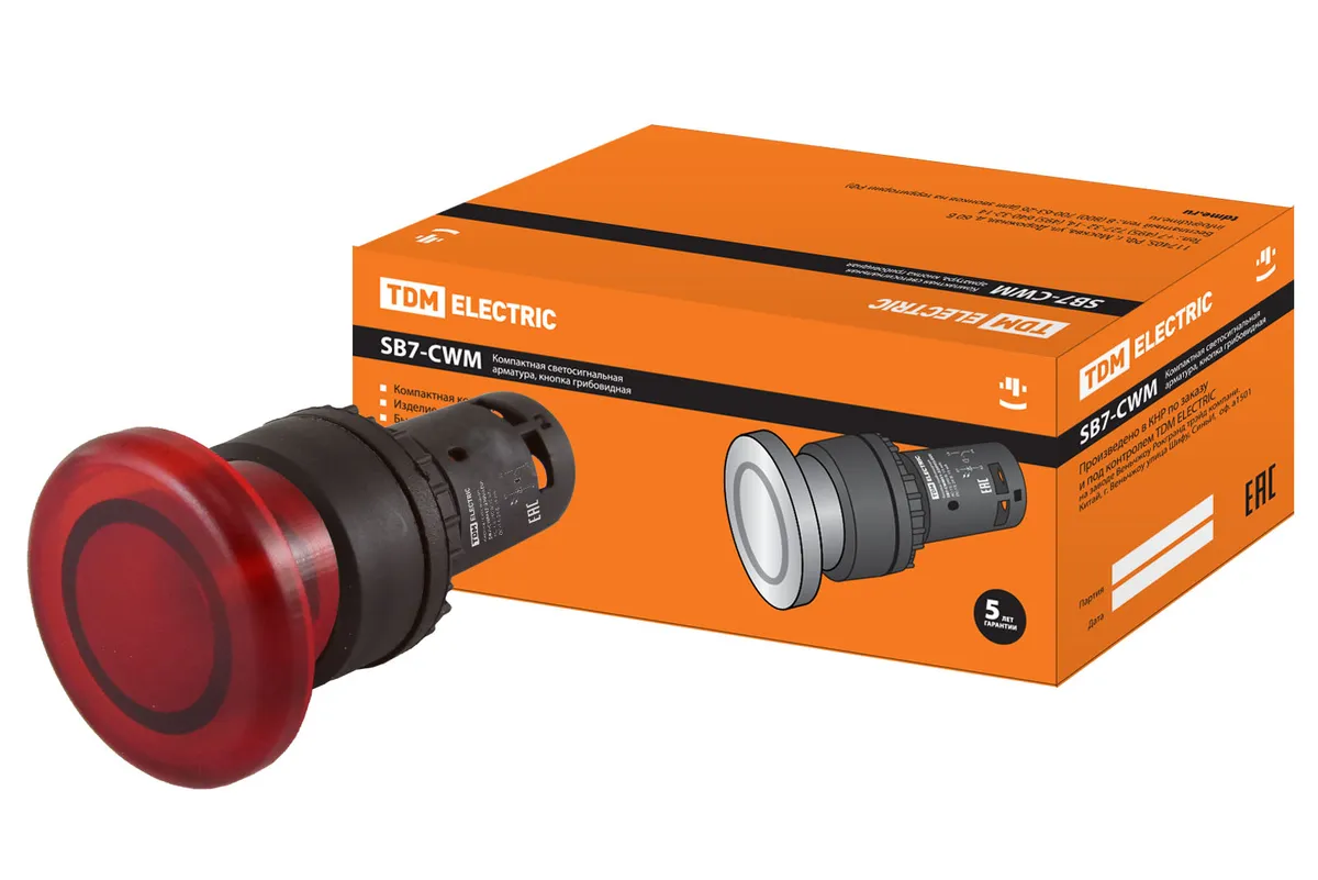 Кнопка грибовидная SB7-CWM42 с возвратом, 1НЗ, 220 В LED, d35 мм, красная, IP40 TDM SQ0746-0051