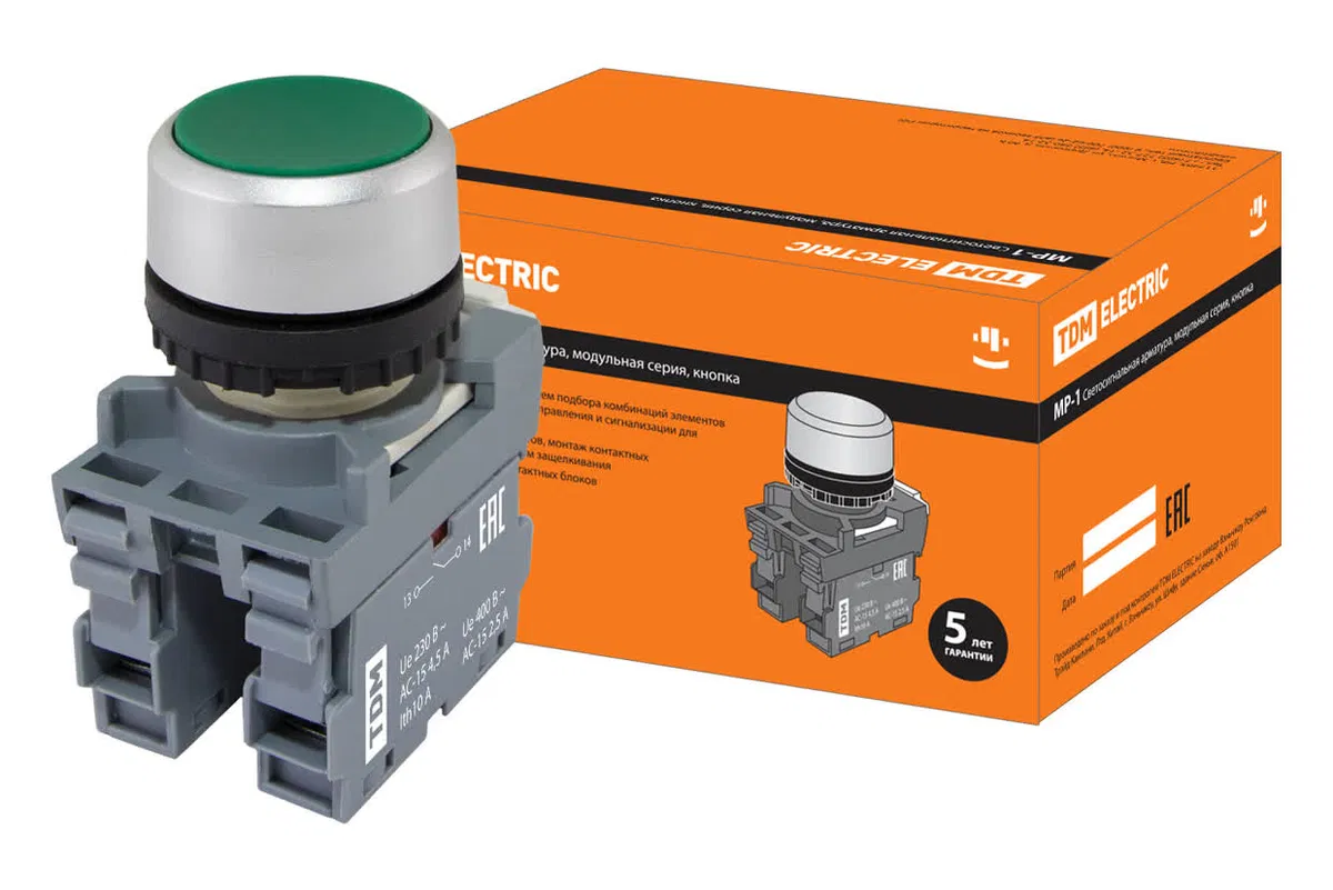 Кнопка MP1-20G в сборе d22мм 1з+1р зеленая TDM SQ0747-0002