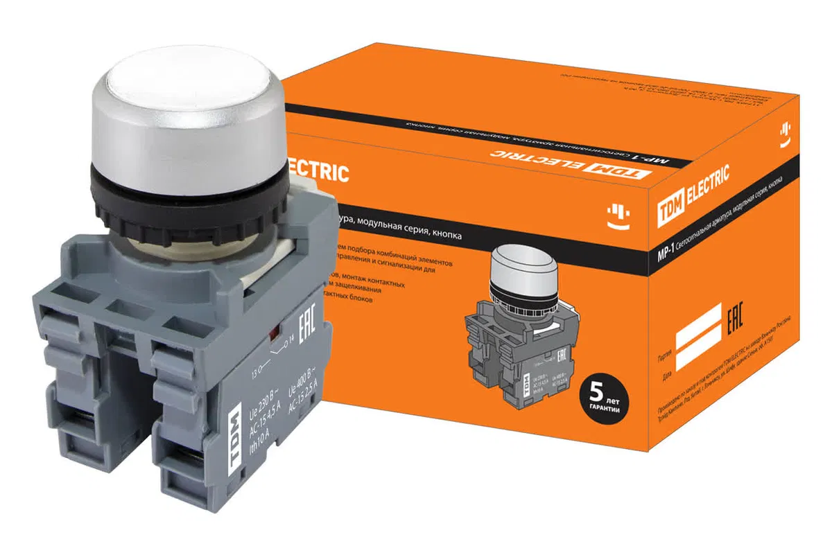 Кнопка MP1-20W в сборе d22мм 1з+1р белая TDM SQ0747-0005