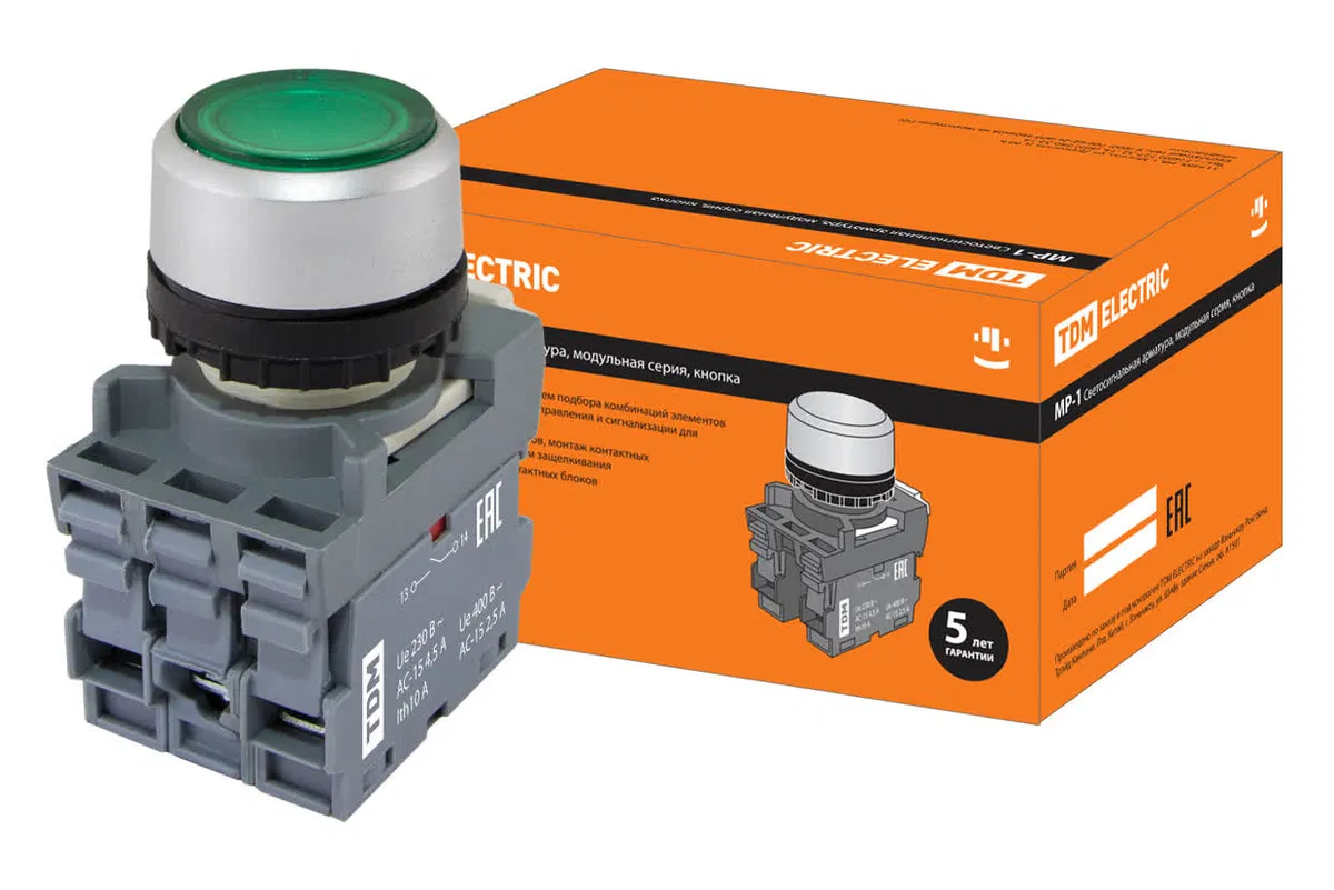 Кнопка MP1-21G(LED) в сборе d22мм/24В 1з+1р зеленая TDM SQ0747-0018
