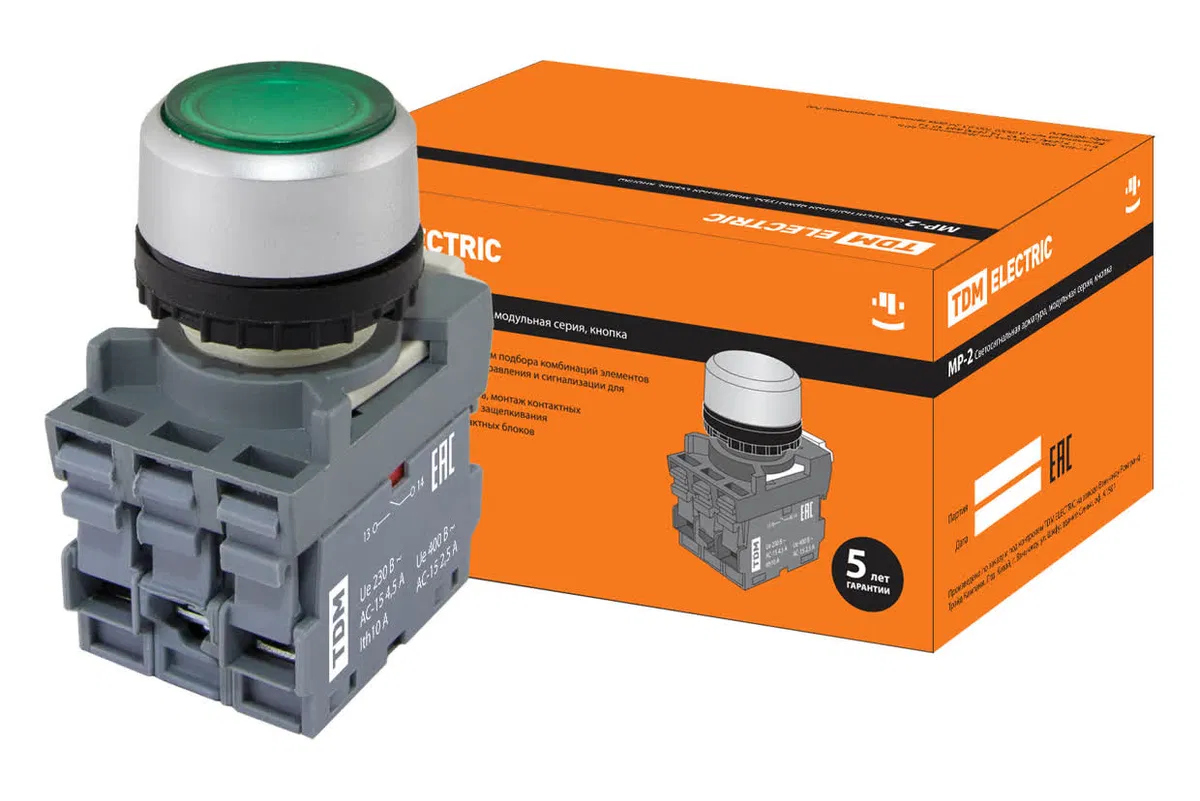 Кнопка с фиксацией MP2-21G(LED) в сборе d22мм/220В 1з+1р зеленая TDM SQ0747-0022
